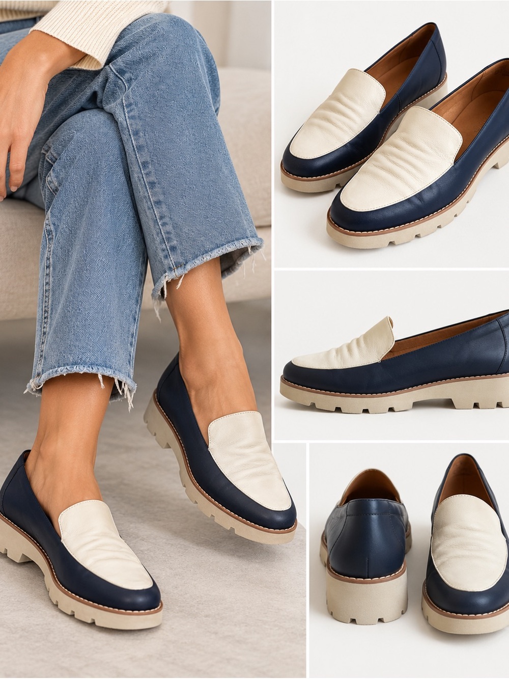 Vionic Kensley Navy and Cream Leather Lug Sole Loafers Two Tone platform size 9